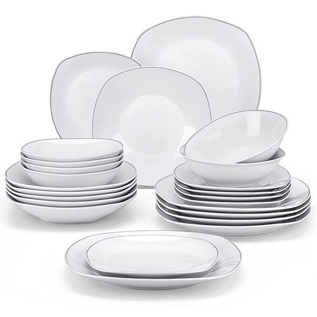 MALACASA Dinnerware Sets, 24-Piece Porcelain Plates and Bowls Sets, White Square Dinnerware Set-Silver Rim, Serving Plate for Dessert, Salad, Soup, Modern Dish Set for 6, Series Elisa