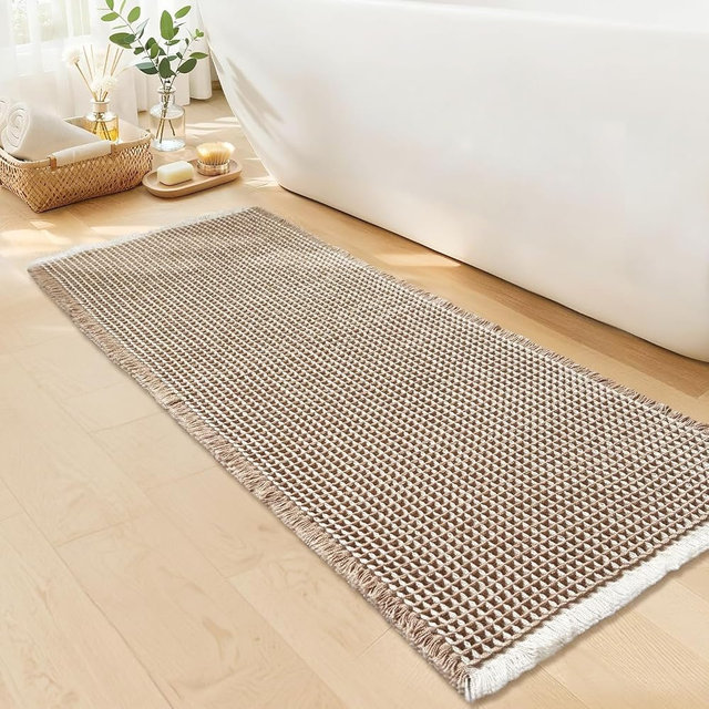 GRLYUH Waffle Bath Mat - Boho Bathroom Rugs Non Slip Washable, Super Absorbent & Quick Dry, Soft Bath Mat Farmhouse Bathroom Decor, 20'' x 48'', Khaki and White
