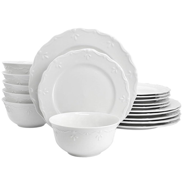 Elama Henryi 18 Piece Embossed Rim Detail Porcelain White Dinnerware Set, Tableware Set, Serveware (18 Piece)
