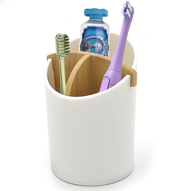 Dotodo Bamboo Toothbrush Holders for Bathrooms - 3 Slots Tooth Brushing Holder is Removable with Non-Slip and Drain for Easy Cleaning | Toothbrush Organizer Stand for Shower, Family, Kids Etc (White)