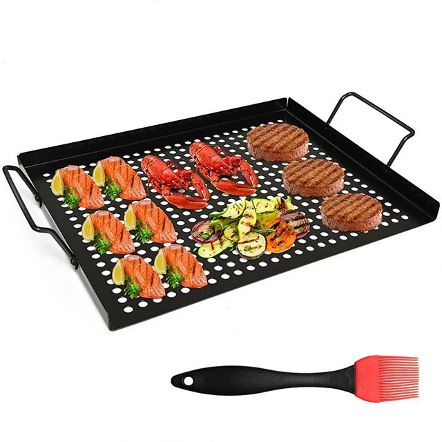 AQUEENLY Grill Basket Nonstick Grill Topper with Holes, BBQ Grill Tray Vegetable Grill Pans for Outdoor Grill, Grill Wok Grill Cookware Grill Accessories for Vegetable, Meat, Fish, Shrimp 17"x11.4"