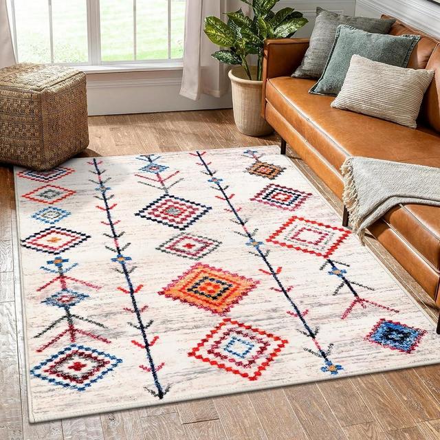 Seavish 4x6 Moroccan Area Rugs for Living Room Soft Low Pile White Washable Aztec Rug for Kids Room Boho Tribal Design Accent Area Rug Home Decor for Dorm Nursery Kitchen Table Dressing Room