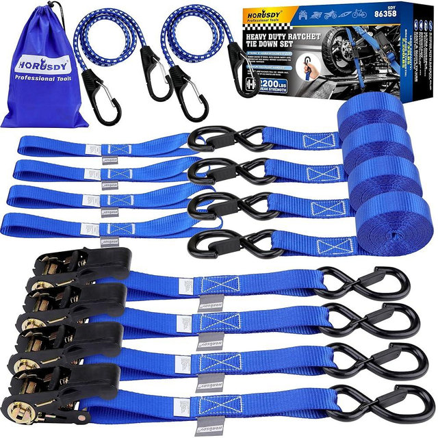 Ratchet Straps Heavy Duty, Tie Down Straps Ratchet Set, 2200 LB Break Strength, Safety Lock S Hooks, Best for Moving, Securing Cargo, Kayaks, Mountain (4 Pack)