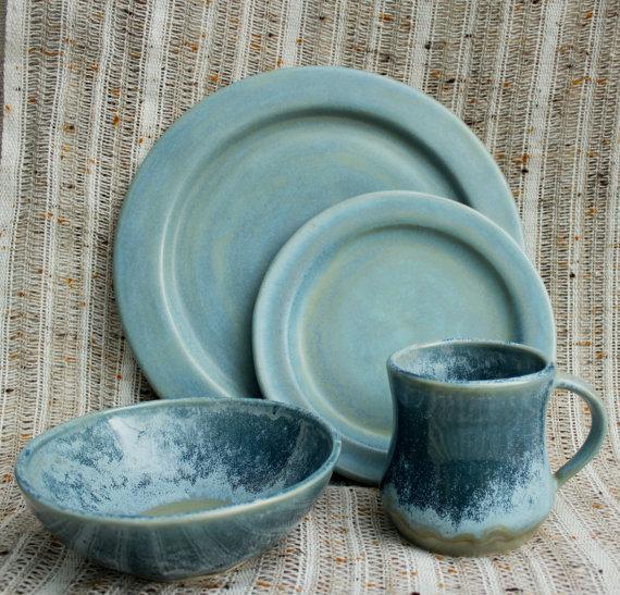 Glacier Morning Dinnerware Set- Handmade Stoneware Pottery- Icy Blue Plates and Bowls- 4 Piece Dinnerware Set