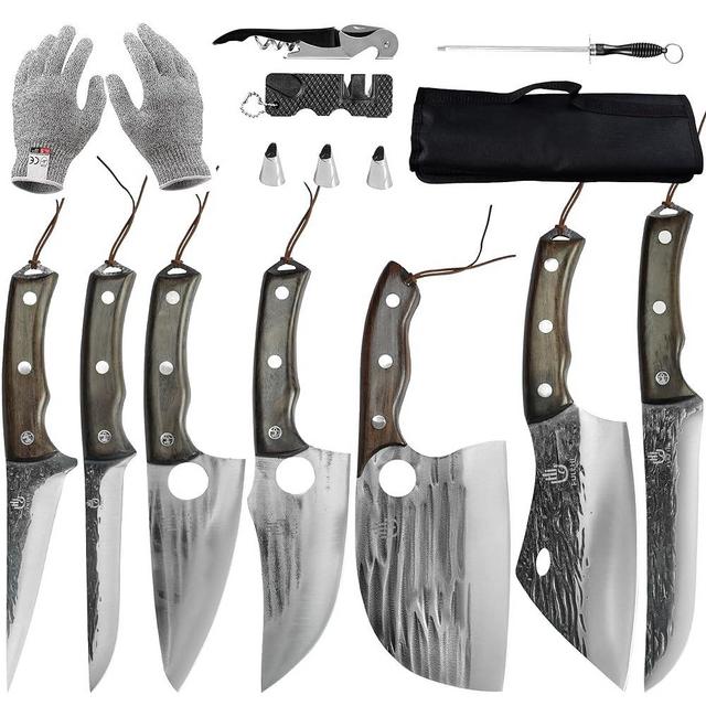FULLHI 13pcs Butcher Chef Knife Set include sheath High Carbon Steel Cleaver Kitchen Knife Whole Tang Vegetable Cleaver Home BBQ Camping with Knife Bag