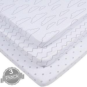 Pack n Play Playard Portable Crib Sheets Set by BaeBae Goods | Jersey Cotton Fitted Mini Crib Sheet | Subtle Grey and White Designs | 150 GSM | 100% Cotton | 3 Pack