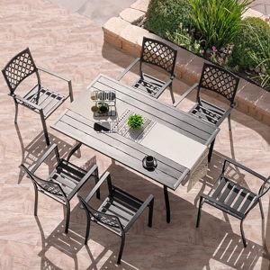 Nuu Garden 7 -Piece Black Patio Dining Set Iron Rectangle Table with 6 Stackable Stationary Chairs