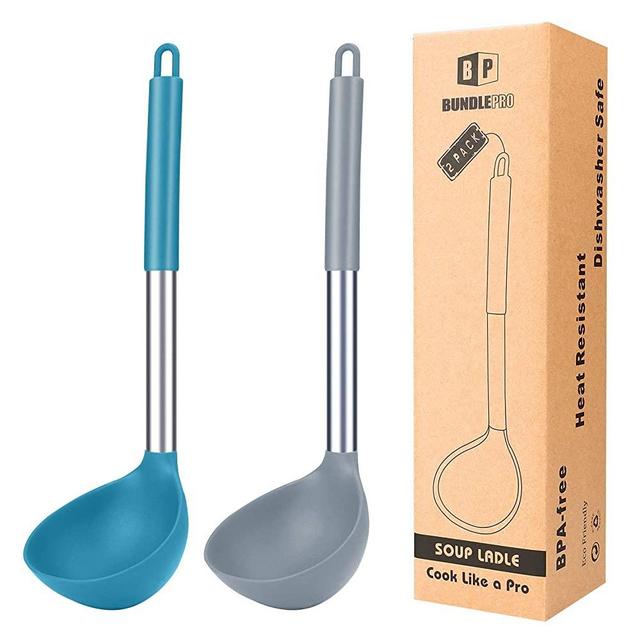 Pack of 2 Ladle Spoon,Silicone Large Spoon for Soup,Non Stick Kitchen Utensils with High Heat Resistant,BPA Free Perfect Kitchen Tools for Cooking, Stirring,Serving Soups (Gray-Blue)