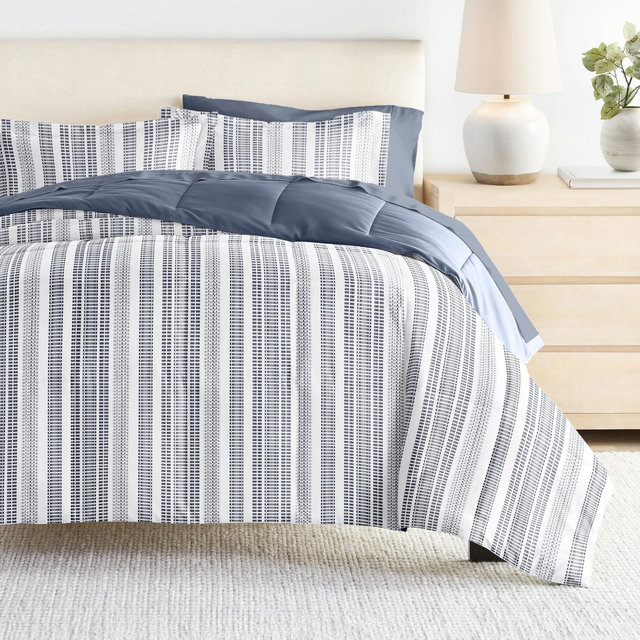 7PC Bedding Bundle, Patterned Comforter and Solid Sheet Set - Becky Cameron, Farmhouse Dreams Navy, King