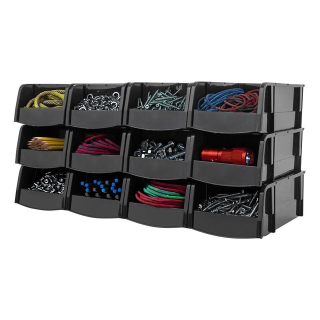 IRIS USA Small Stackable Storage Bins, 12-Pack, 7.5 x 4.5 x 3 inch, |Made in USA|, Plastic Open Front Shelf Bin for Organizing Parts, Hardware, Tools, Supplies, Garage Shelf, Pantry - Black