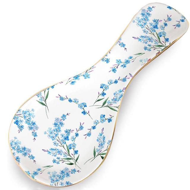 HOMSUN Ceramic Spoon Rest for Stove Top Kitchen Counter Large Spoon Holder Farmhouse Floral Flowers Print Coffee Spoon Cooking Utensil Tools Rest Unique Kitchen Decor Blue Blossom