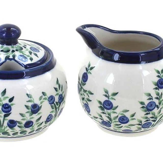 Blue Rose Polish Pottery Porcelain Vine Cream & Sugar Set