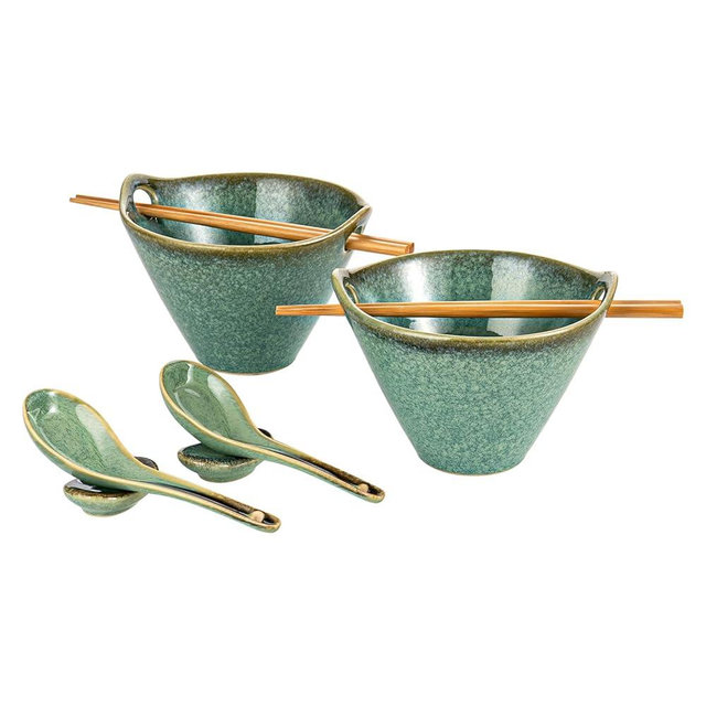HENXFEN LEAD Japanese Ramen Bowls Set of 2 - Deep Ceramic Noodle Bowls with Spoons, Chopsticks and Holder, 20 Oz Serving Bowls for Pho, Udon, Soup - Reactive Green