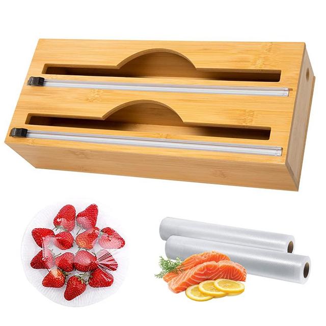 2 in 1 Foil and Plastic Wrap Organizer, Plastic Wrap Dispenser With Cutter, Aluminum Foil and Plastic Wrap Dispenser for Kitchen Drawer, Bamboo Roll Organizer Holder, Compatible with 12"Roll​​