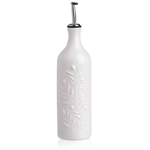 Sweejar Large Olive Oil Dispenser Bottle with Spout, 24 Oz Ceramic Oil Dispenser for Kitchen, Relief Opaque Oil Cruet, Oil Container for Cooking, EVOO, Avocado Oil, Vinegar, Pack of 1 (White)