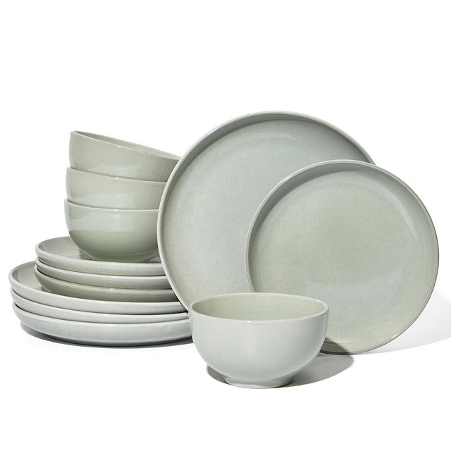 Pokini Santorini Mist Terracotta Reactive Glaze Plates and Bowls Sets, Stoneware Dinnerware Sets, Microwave and Dishwasher Safe Ceramic Dish Set Service for 4, Slate Green