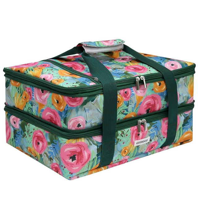 JLDTOP Insulated Casserole Carrier for Hot or Cold Food, Warmer Bag for Hot Food Delivery, Lasagna Holder for Potluck Party Picnic Cookout Reunion, Fits 9"x13" Dish (Green Floral)