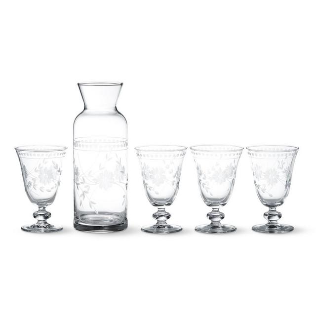 Vintage Etched Carafe & Goblets, Set of 4