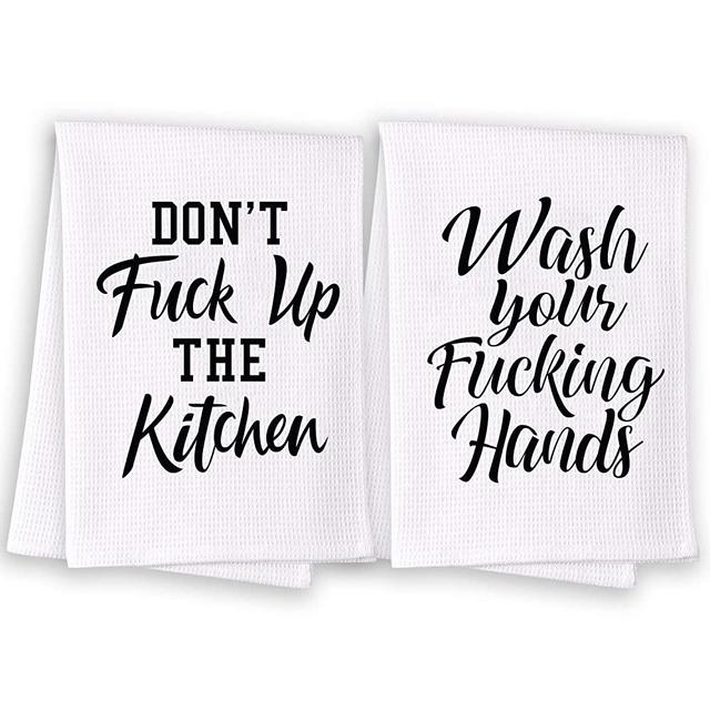 Miracu Funny Kitchen Towels, Hand Towels for Bathroom - Cotton Tea Towels, Waffle Weave Towels, Dishcloths Sets of 2, White - Housewarming Gifts New Home House - Unique Gifts for Kitchen or Bathroom