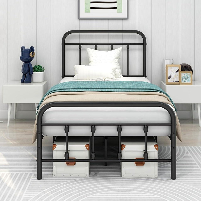 Diolong Twin Bed Frames with Headboard, Metal Bed Frame Twin/Mattress Foundation/No Box Spring Needed/Black