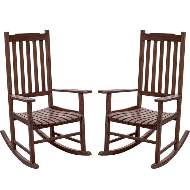 Flamaker Acacia Wood Patio Rocking Chair Set of 2, High Back and Widen Armrest for Adults, Solid Wood Porch Rocking Chair for Lawn, Garden, Backyard (Brown)
