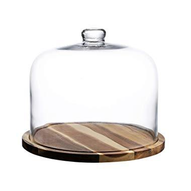 11"x9" Acacia wood Flat Round Wood Server Cake Stands with Glass Dome