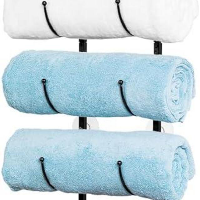 Wetheny 6 Tier Over The Door Towel Racks for Bathroom - Towel Rack Wall Mounted with Metal Basket and 3 Hooks - Rolled Towel Holder Organizer Hanging Towel Storage - Black