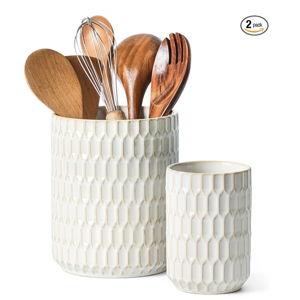 Utensil Holder, 7.5"+5.3" Ceramic Kitchen Utensil Holder for Countertop, Large Cooking Utensil Crock for Kitchen Counter, Set of 2, Beige