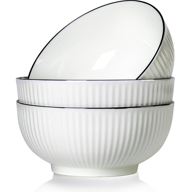 QINLANG 60 oz Large Soup Bowl, Pho Bowls, Japanese Ramen Bowls Set of 3, 8 in Rimmed Off-White Porcelain Big Bowls for Eating