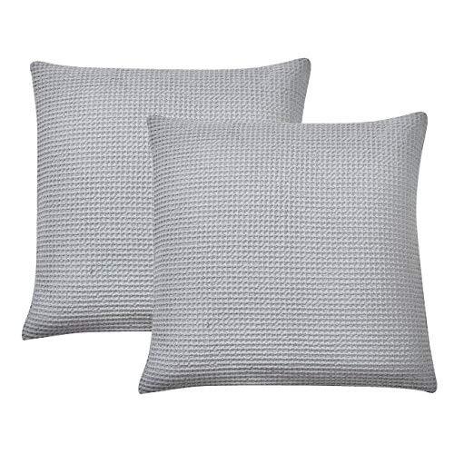 PHF Waffle Throw Pillow Cover 100% Cotton Home Decorations Square Euro Sham Cover for Bed Couch Sofa Pack of 2 26" x 26" Light Grey