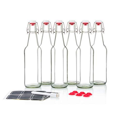 Swing Top Glass Bottles CERAMIC TOPS - Flip Top Bottles For Kombucha, Kefir, Beer - Clear Color 16oz Size - Set of 6 Brewing Bottles - Leak Proof With