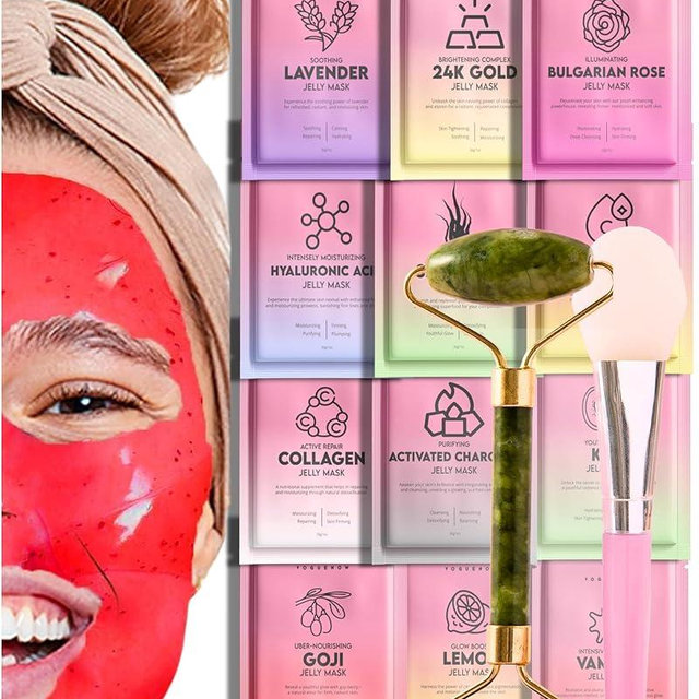 Jelly Mask for Facials - 12 Flavors Hydrating & Brightening Jelly Face Masks | Free Jade Roller & Spatula | Bulgarian Rose, Lavender, Hyaluronic Acid, 24K Gold face mask skin care |Vajacial Jelly Mask