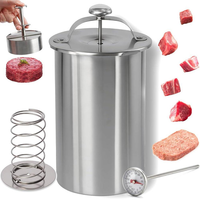 Deli Meat Press Stainless Steel with Thermometer, Meat Press Mold for Deli Meats, Spring Mechanism Ham Maker Mold, Deli Press for Meats Homemade Ham, Bacon, Roulade, Sandwich (Silver)