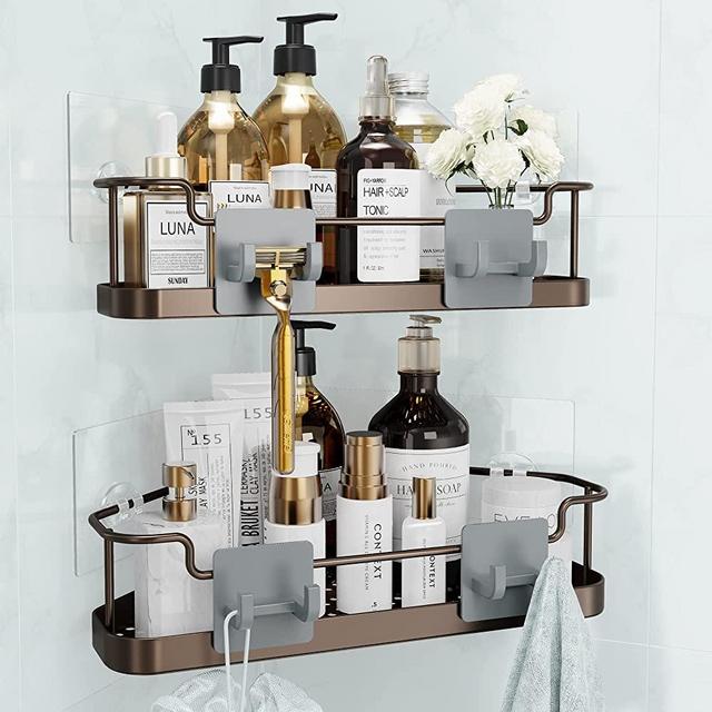 Orimade Corner Shower Caddy with 4 Hooks, Wall Mounted Shower Organizer Adhesive No Drilling, Shampoo Holder Rustproof for Bathroom, Toilet, Dorm and Kitchen 2 Tier Bronze, Only for 90-Degree Corner