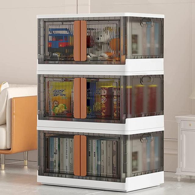 Storage Bins with Lids - 3 Packs 8.5Gal Plastic Storage Bins for Closet Organizers and Storage, Folding Storage Box, Stackable Storage Bins with Open Front Door, Storage Bins with wheels, Collapsible Storage Bins for Office, School, Home Storage