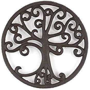 gasaré, Cast Iron Trivet for Hot Dishes, Tree of Life Design, Legs with Rubber Caps, 8 Inches, Rust Brown Color