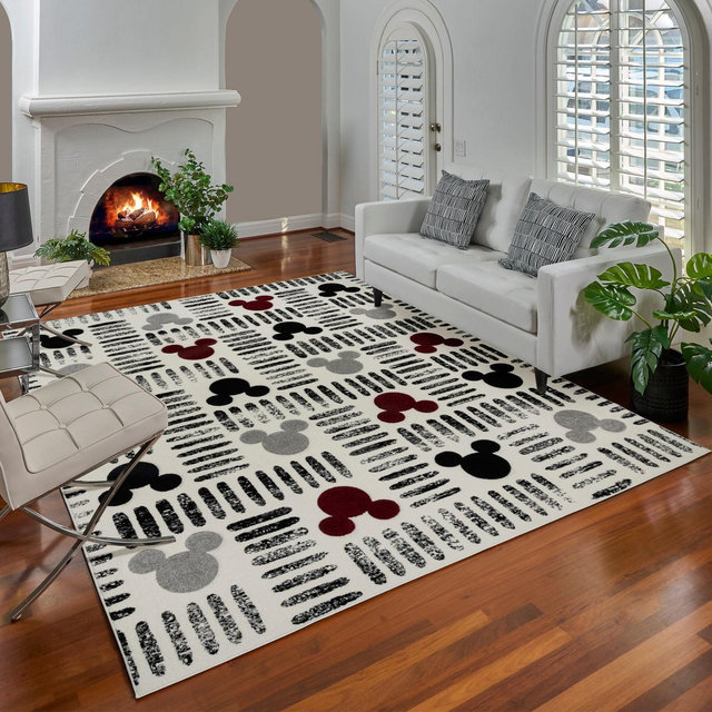 Licensed Disney Bravo Mickey Mouse Strokes Ivory Black Red Gray Livingroom Bedroom Dining Modern Geometric Polypropylene Indoor Area Rug, 7x10