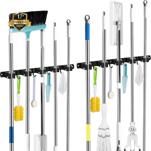 AceMining 2 Pack Black 5 Racks and 4 Hooks Mop and Broom Holder Wall Mount, Broom Organizer Storage Tool Racks Stainless Steel Heavy Duty Hooks Self Adhesive Solid Non-Slip for Home Kitchen Garden