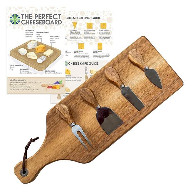 Luxury Acacia Cheese Board Wooden Cheese Serving Platter With Matching Acacia Wood Cheese Knife Set By Cotswold Homeware Co. PLUS FREE Exclusive Cheese Board Guide
