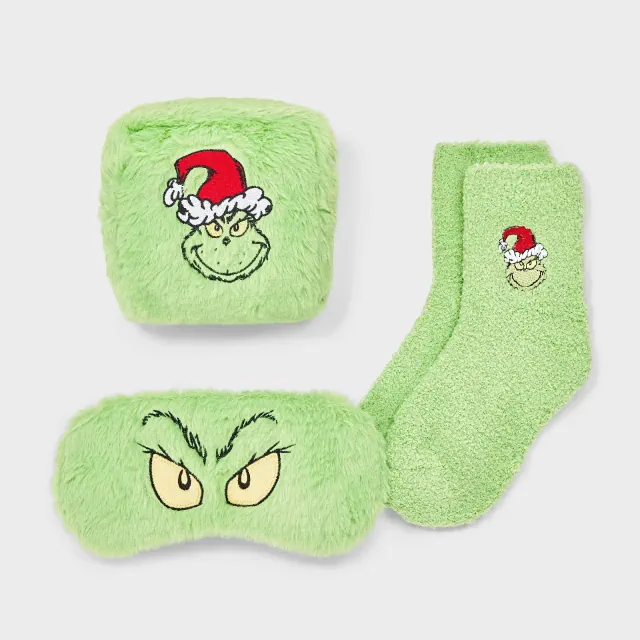 Women's The Grinch Embroidered Faux Fur 3pk Cozy Gift Set with Reusable Pouch, Cozy Socks and Eye Mask - Green 4-10