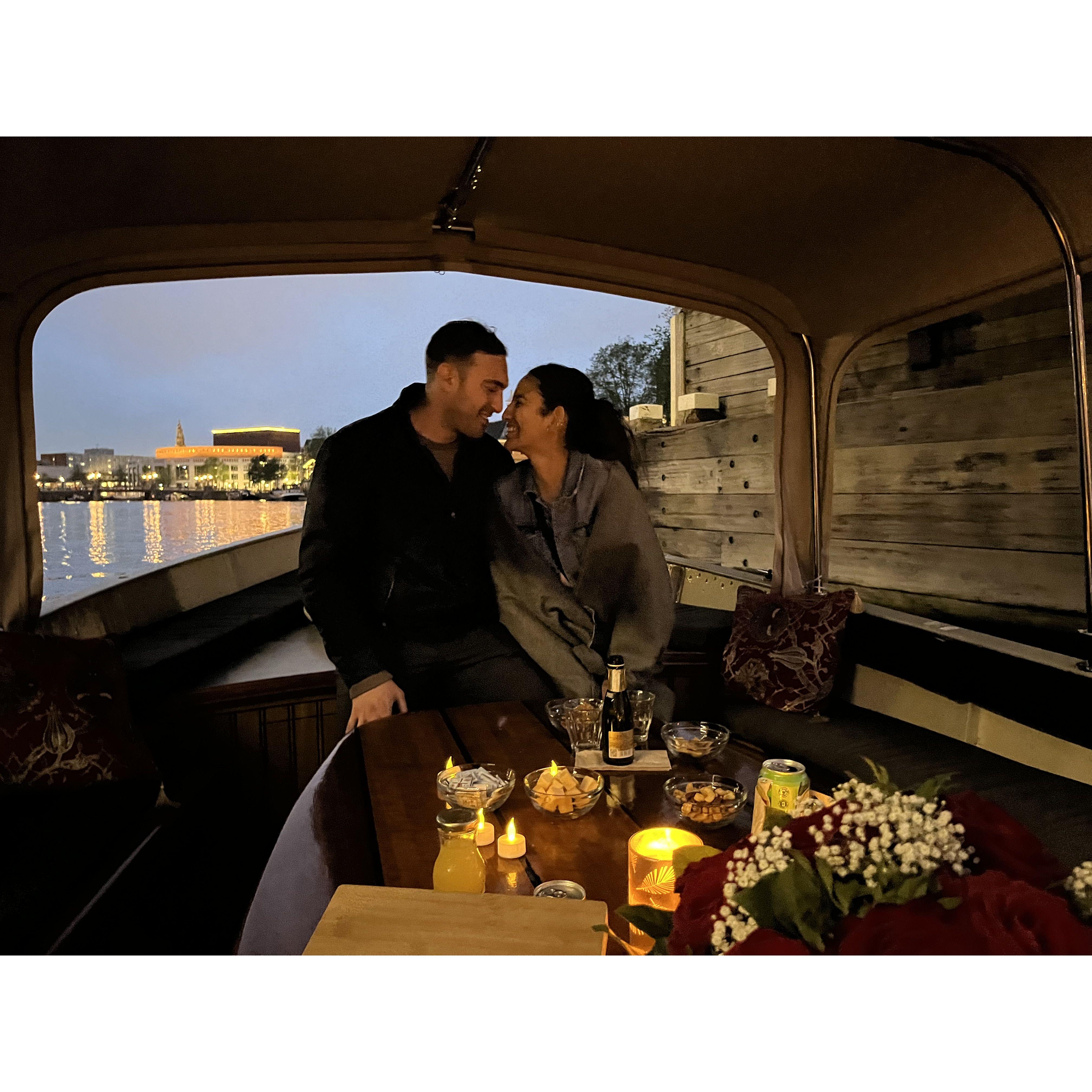 May 2024: Mark & Jen enjoy a romantic canal cruise in Amsterdam, a city they fell in love with.