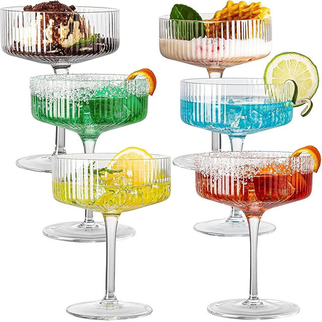 wookgreat Vintage Art Deco Coupe Glasses, Set of 6 Ribbed Coupe Cocktail Glasses, 10 oz Classic Martini Glasses, Elegant Hand Blown Manhattan Goblet  for Bar, Martini, Cosmopolitan, Gimlet, Pisco Sour