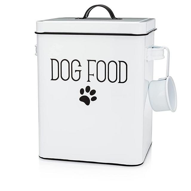 White Dog Food Storage Container Plus Dog Food Scoop - Farmhouse Dog Food Container - Durable Dog Food Storage - Dog Food Bin - Stylish Pet Food Storage Tin Canister - Pet Food and Treat Container