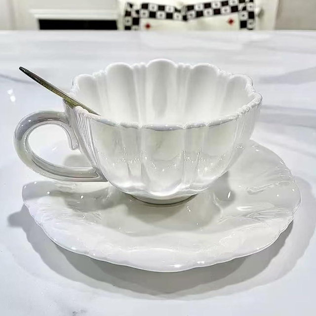 Floral Porcelain Tea Cups and Saucers Set (8oz, Rose, 1 Set White) for Tea Party