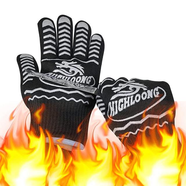 932°F BBQ Grill Gloves, Extreme Heat Resistant Ove Gloves, Cut Resistant BBQ Gloves with Non-Slip Silicone for Grilling, Frying, Baking, Fireplace, Cooking (2 Pieces Set) (Black with Gray Silicone)