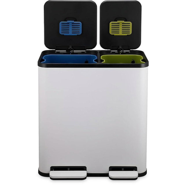 70 Liter / 18.5 Gallon Rectangular Hands-Free Dual Compartment Recycling Kitchen Step Trash Can with Soft-Close Single Lid, Stainless Steel (40L x 30L Capacity), White