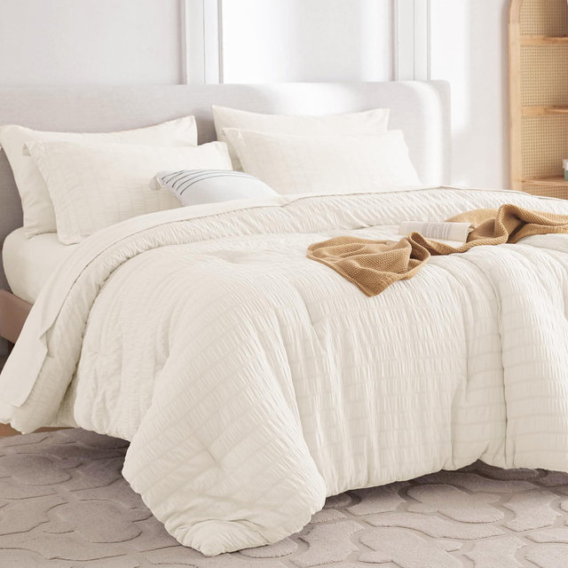 Bed in a Bag 7 Pieces Queen Size Comforter Set for All Season, Ivory