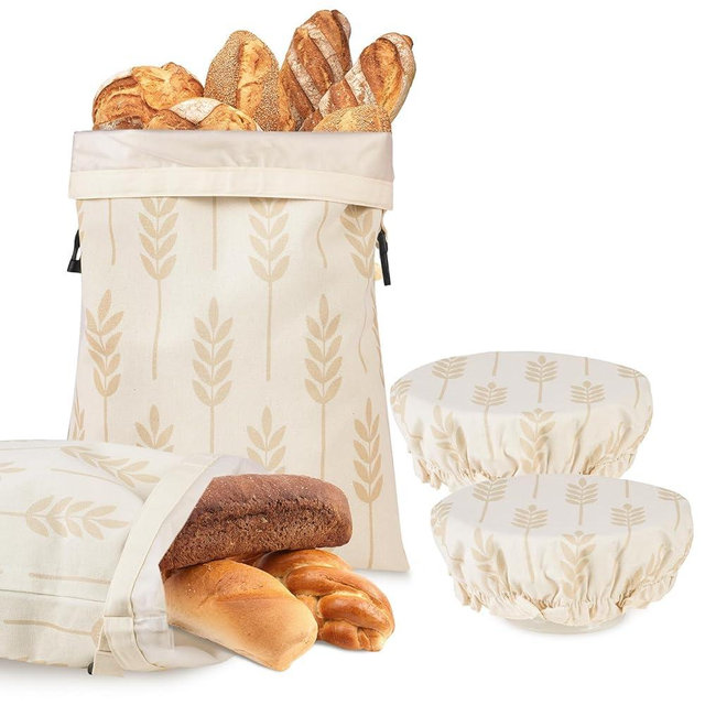 LAKE OF FIRE 16.9"x12.6" Reusable Bread Storage Bags for Homemade Bread with Reusable 2 Bowl Covers,Large Sourdough Bread Bags Storage Box Food Cloth Bag(Beige + Wheat)