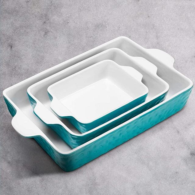 IPOW 3-Piece Ceramic Baking Dish, Value Three Pack Thick Porcelain Rectangular Oven to Table Bakeware Cookware Set Casserole Dishes Lasagna Pans for Cooking & Serving, Dishwasher Safe, Aquamarine