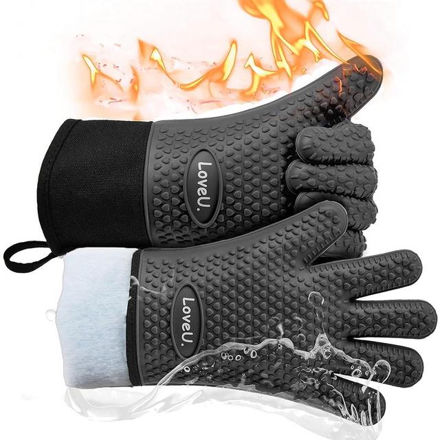 Loveuing Kitchen Oven Gloves - Silicone and Cotton Double-Layer Heat Resistant Oven Mitts/BBQ Gloves/Grill Gloves - Perfect for Baking and Grilling - 1 Pair (XL-XXXL, Black Long)
